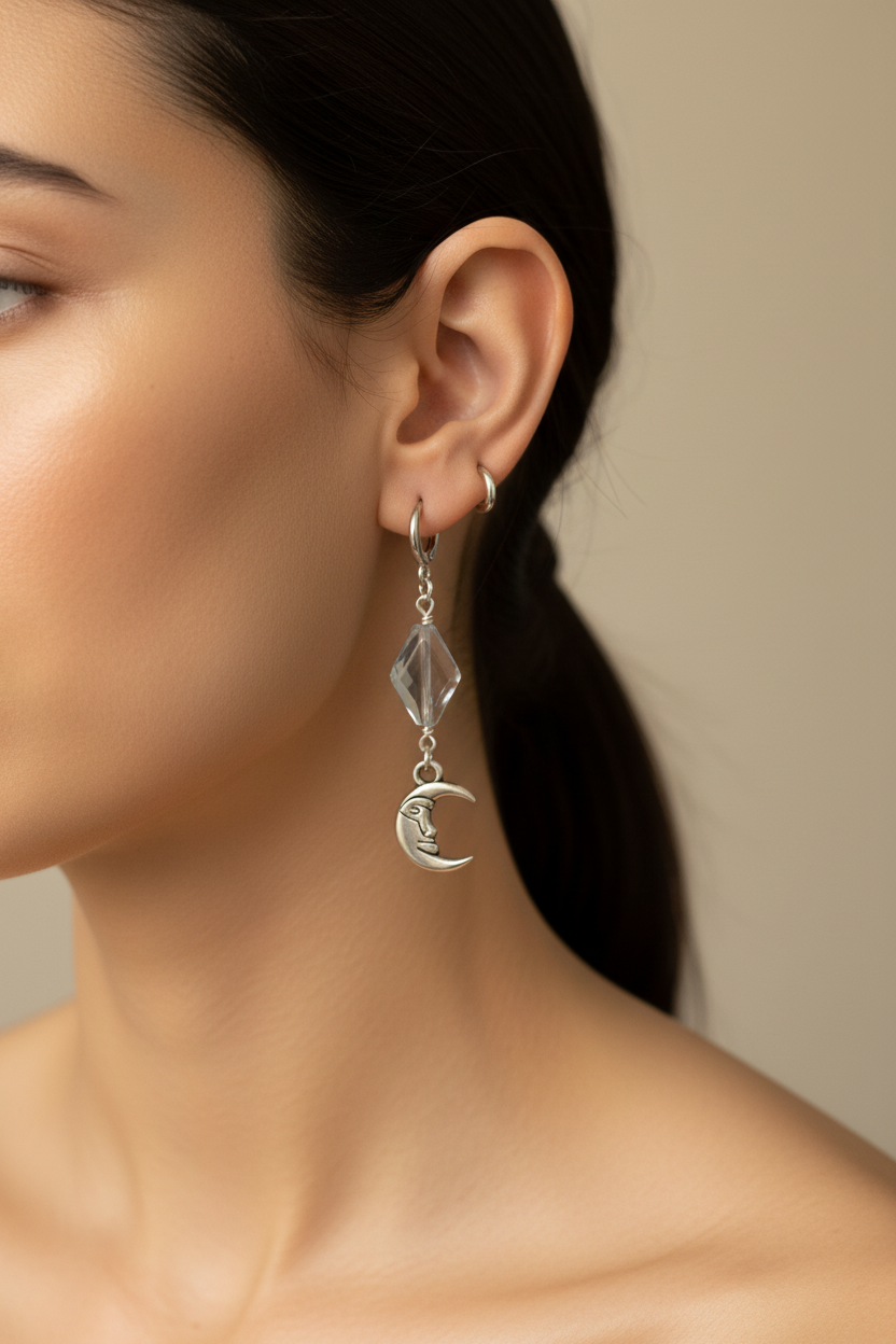 Dancing in the Moonlight - Glass Bead & Crescent Moon Huggie Earrings (Crystal Clear Silver)
