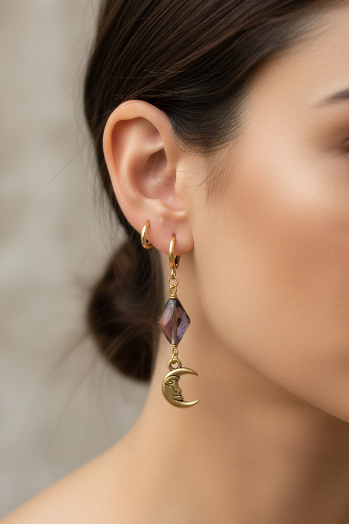 Dancing in the Moonlight - Glass Bead & Crescent Moon Huggie Earrings (Purple Gold)