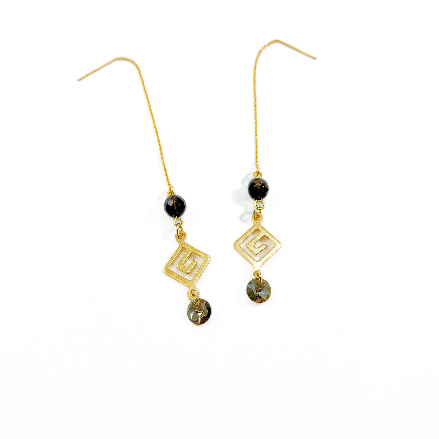 Smoky Quartz & Crystal 14kt Gold Threader Earrings