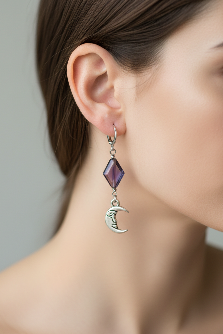 Dancing in the Moonlight - Glass Bead & Crescent Moon Huggie Earrings (Purple Silver)