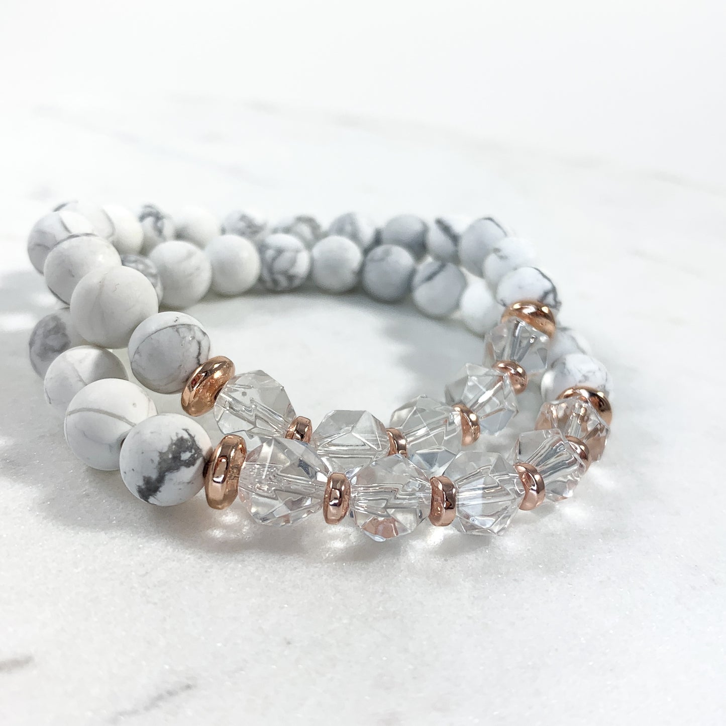 Howlite & Starcut Clear Quartz Bracelet (8mm - Rose Gold)