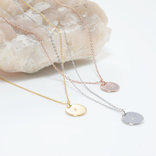 Hand Stamped Initial Necklaces - White Gold (Round)