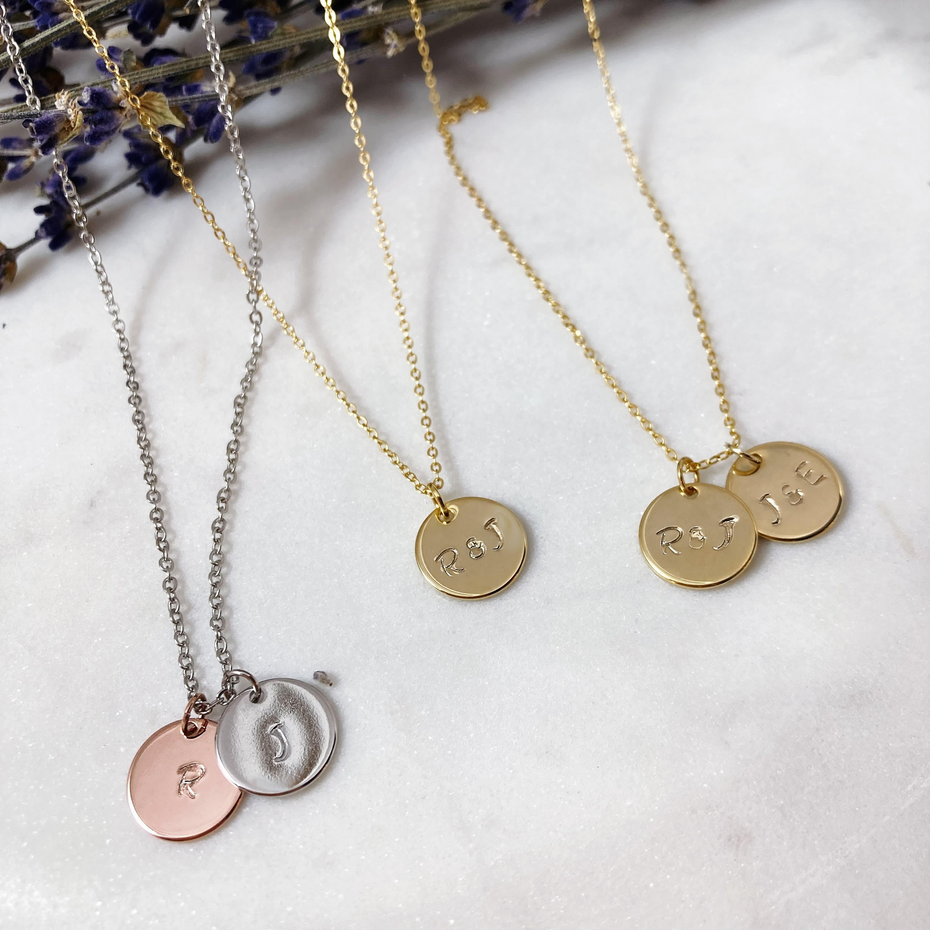14k Layered Necklace Set, Solid Gold Layered Necklace Set, Peace Sign and  11mm Hand Stamped Initial Necklace, Solid 14k Layered Set