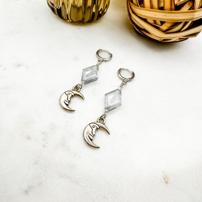 Dancing in the Moonlight - Glass Bead & Crescent Moon Huggie Earrings (Crystal Clear Silver)