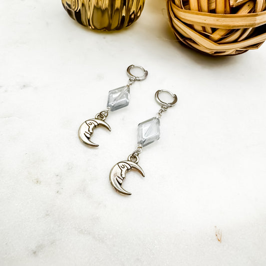 Dancing in the Moonlight - Glass Bead & Crescent Moon Huggie Earrings (Crystal Clear Silver)