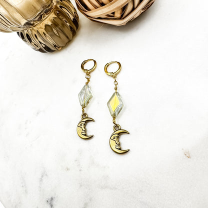 Dancing in the Moonlight - Glass Bead & Crescent Moon Huggie Earrings (Aurora Gold)