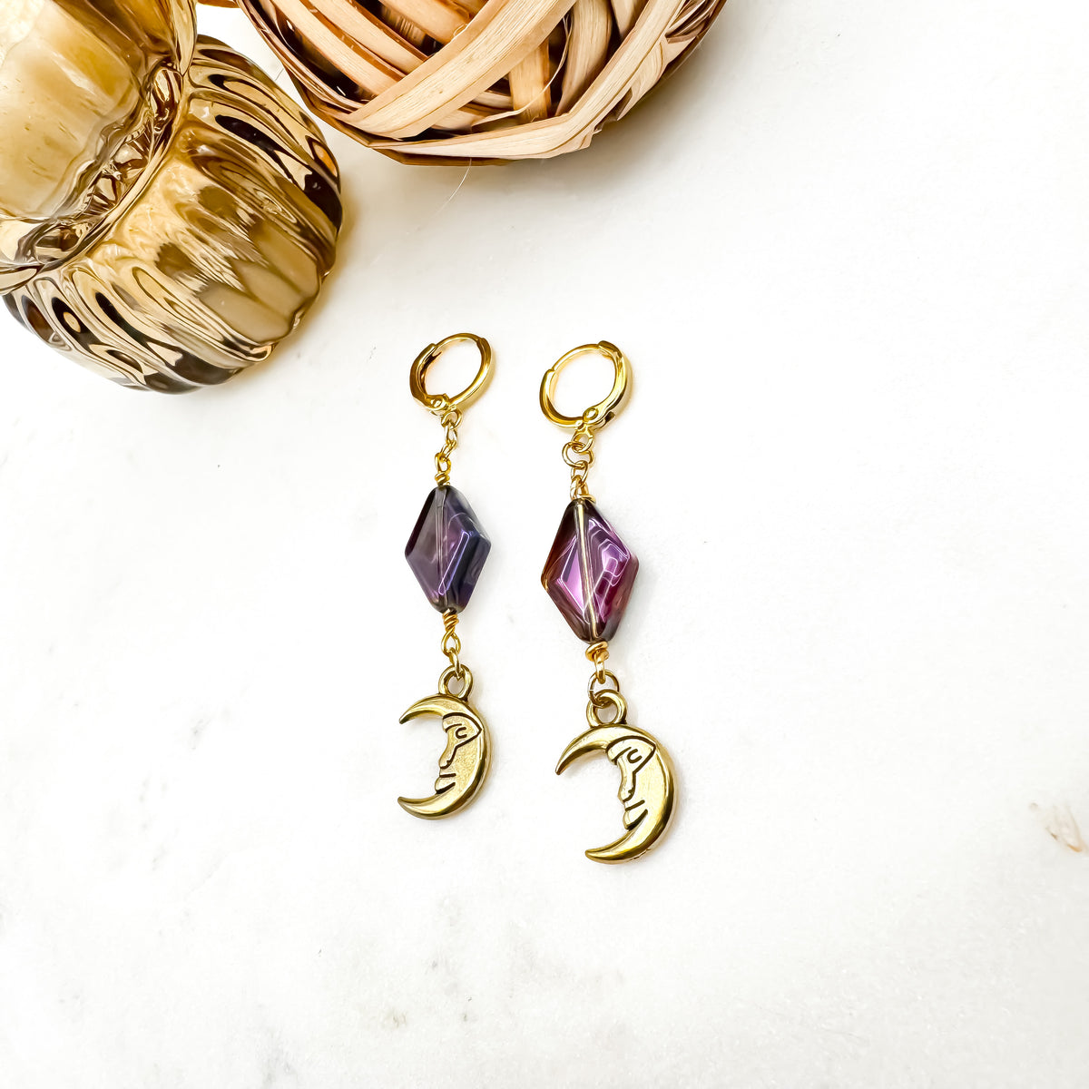 Dancing in the Moonlight - Glass Bead & Crescent Moon Huggie Earrings (Two-Tone Purple Gold)