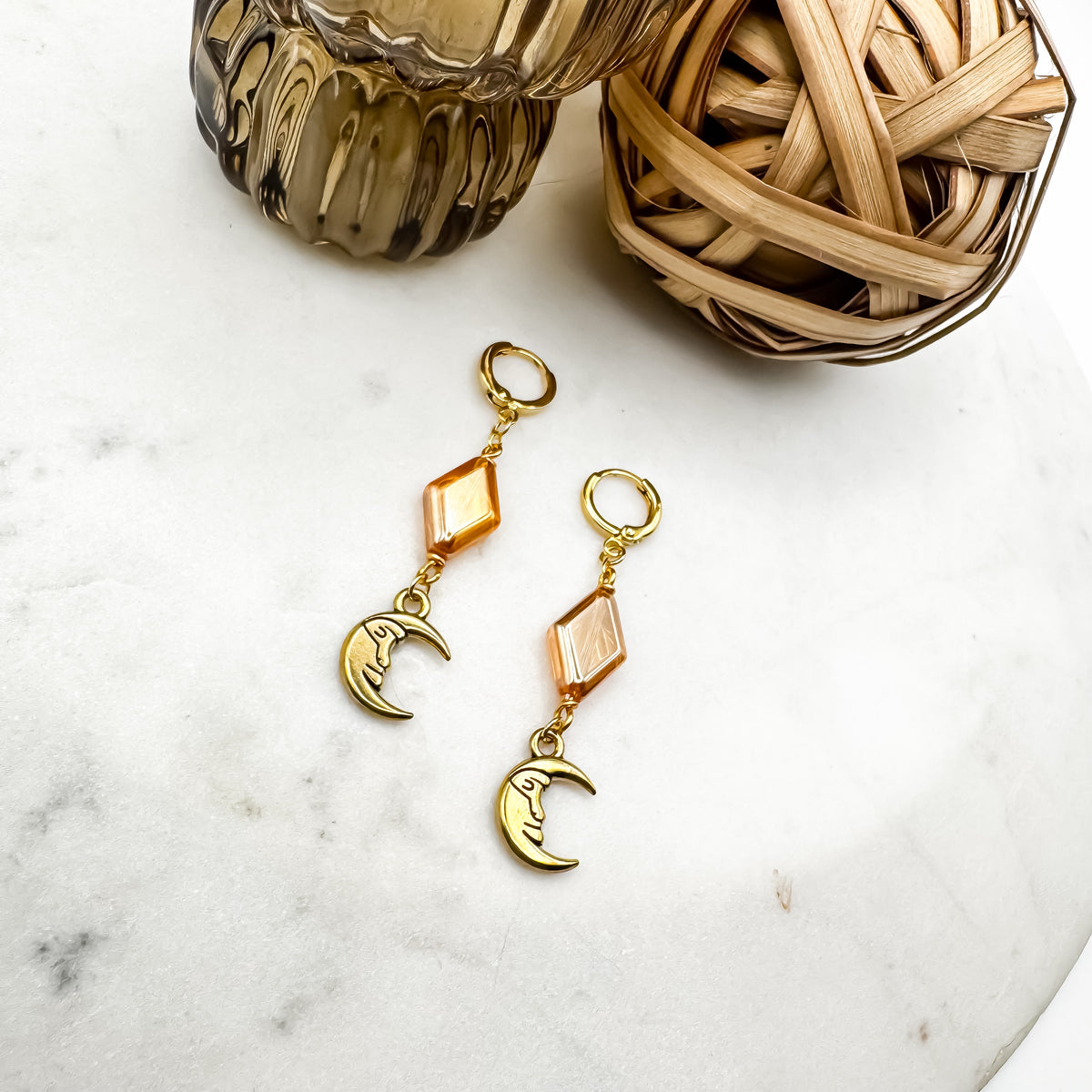 Dancing in the Moonlight - Glass Bead & Crescent Moon Huggie Earrings (Amber Gold)