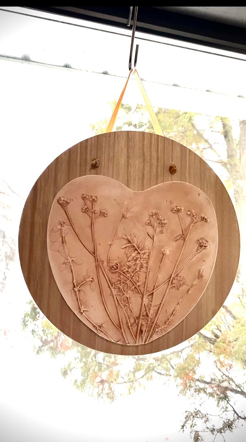 Heart-Shaped Botanical Plaster Cast Mounted on Wood