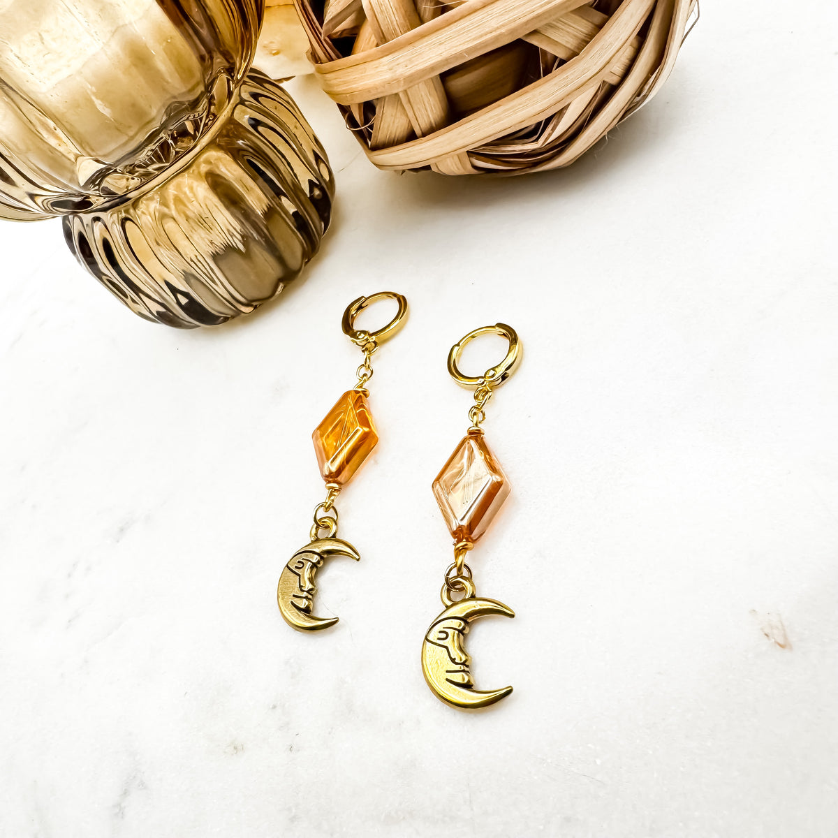 Dancing in the Moonlight - Glass Bead & Crescent Moon Huggie Earrings (Amber Gold)