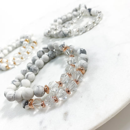 Howlite & Starcut Clear Quartz Bracelet (8mm - Rose Gold)