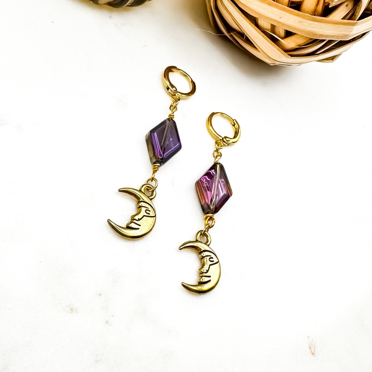 Dancing in the Moonlight - Glass Bead & Crescent Moon Huggie Earrings (Two-Tone Purple Gold)