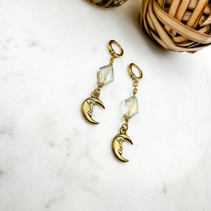 Dancing in the Moonlight - Glass Bead & Crescent Moon Huggie Earrings (Aurora Gold)