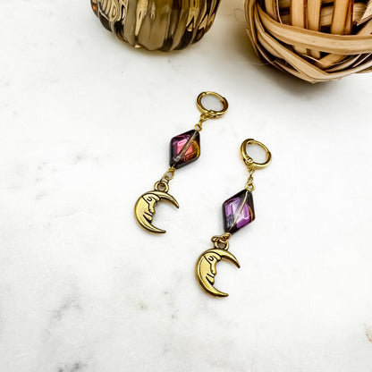 Dancing in the Moonlight - Glass Bead & Crescent Moon Huggie Earrings (Purple Gold)