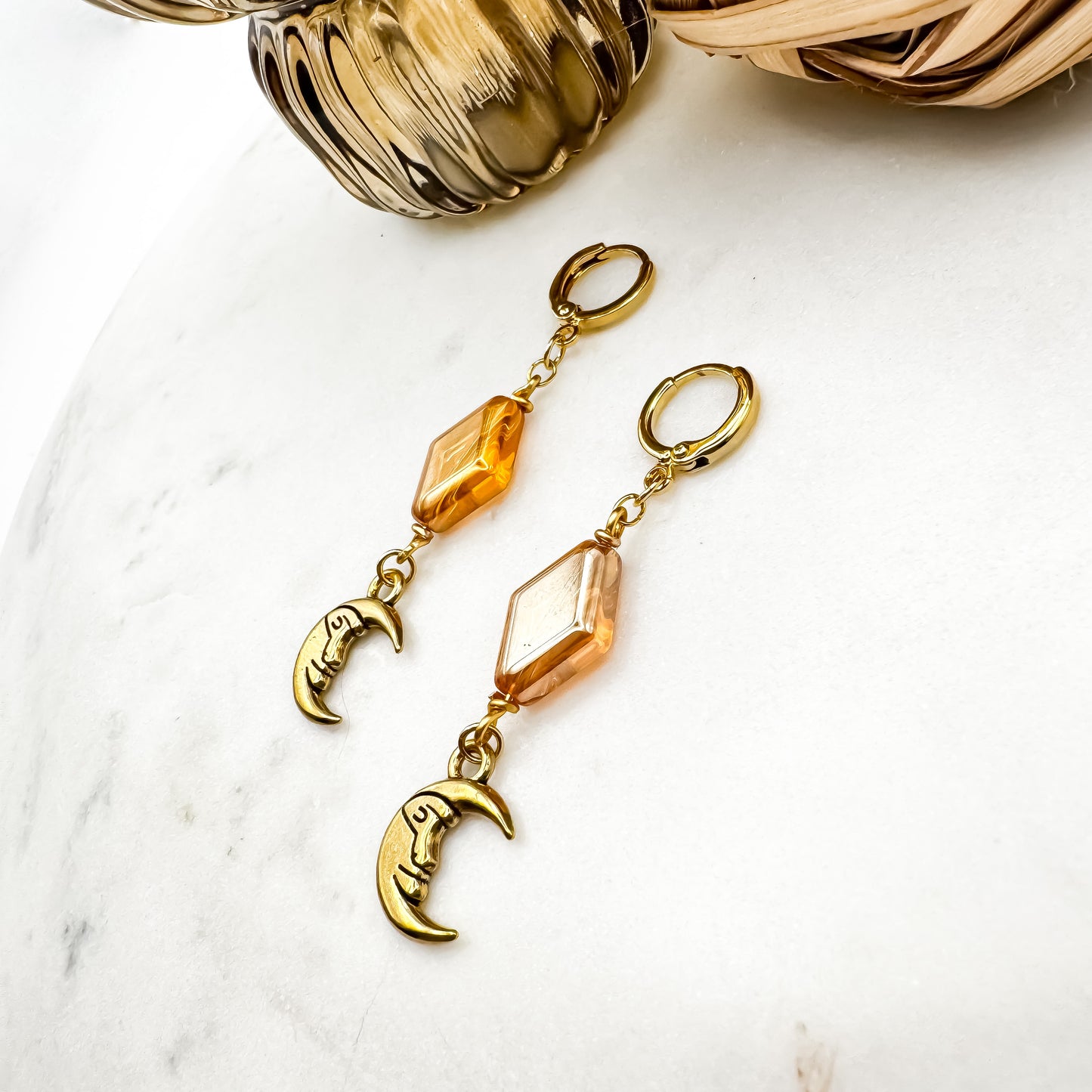 Dancing in the Moonlight - Glass Bead & Crescent Moon Huggie Earrings (Amber Gold)