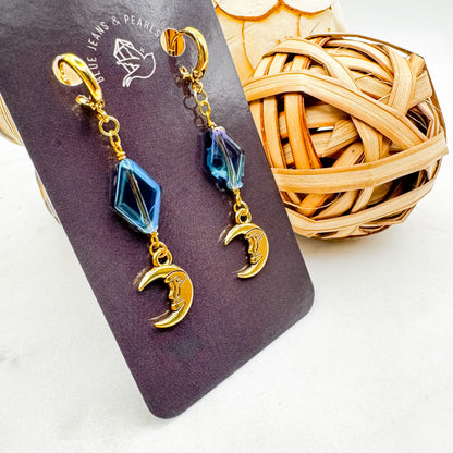 Dancing in the Moonlight - Glass Bead & Crescent Moon Huggie Earrings (Bluetone Gold)