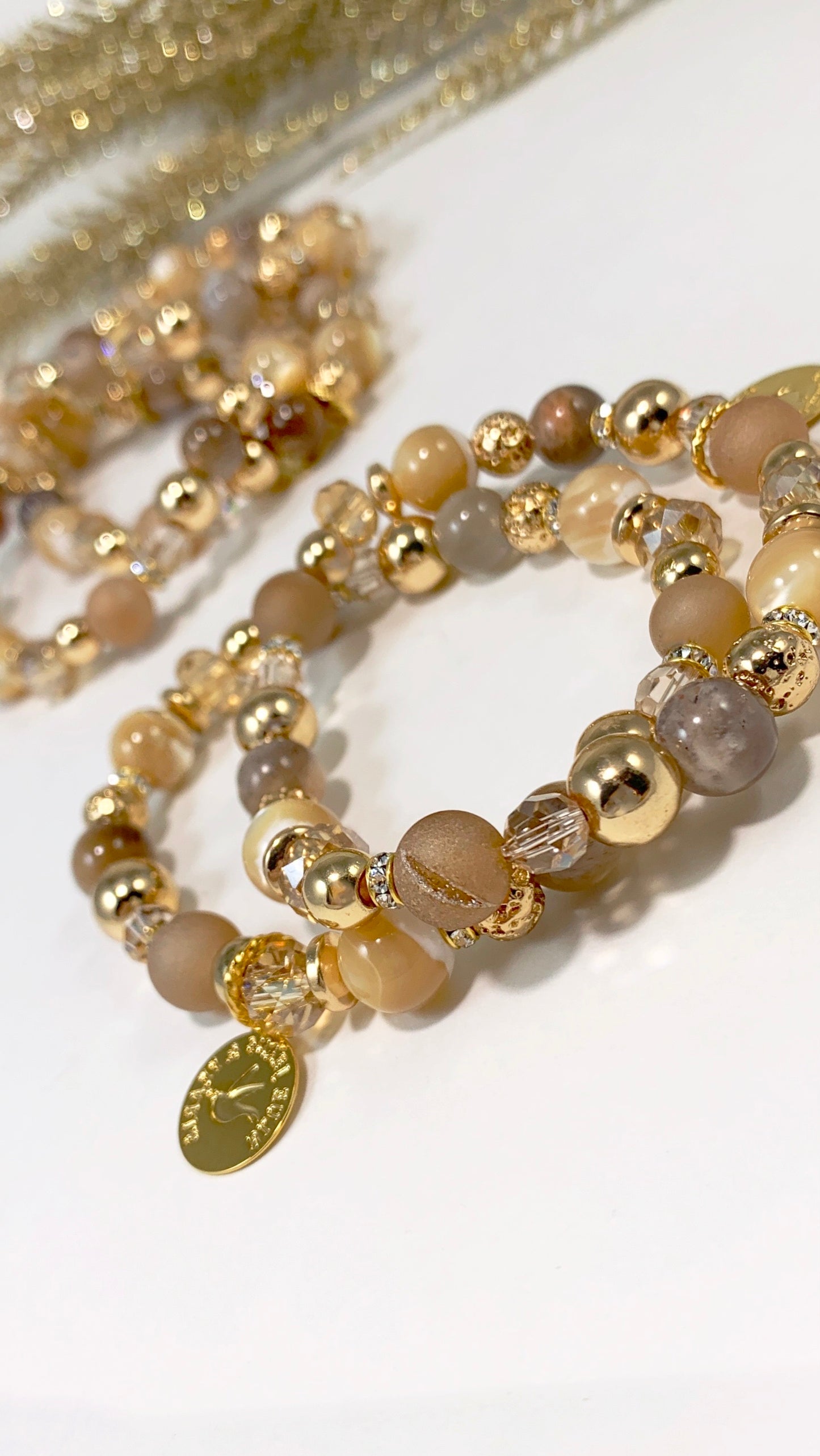 Moonstone, Mother of Pearl & Champagne Druzy Bracelet (8mm)