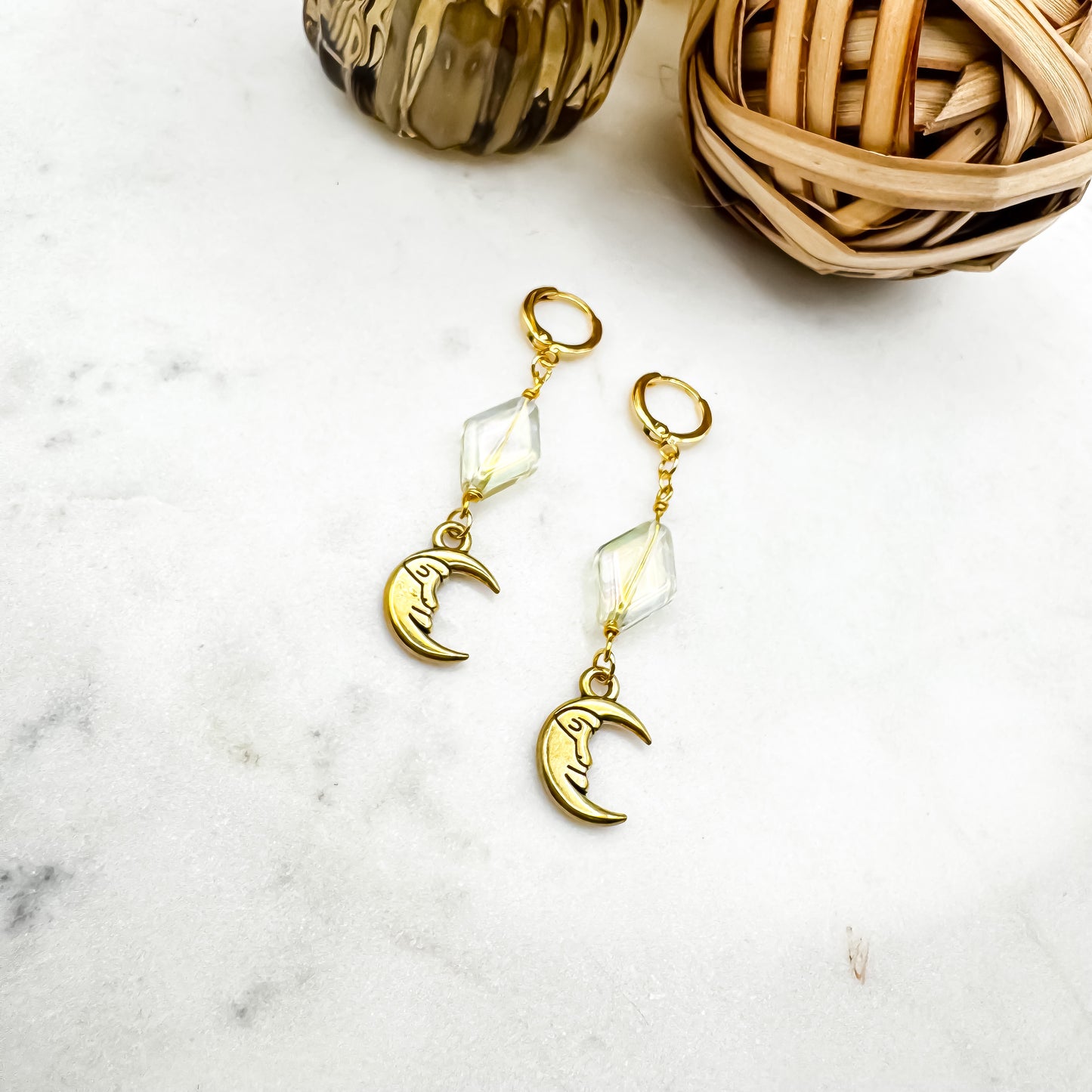 Dancing in the Moonlight - Glass Bead & Crescent Moon Huggie Earrings (Aurora Gold)