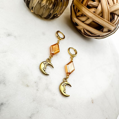 Dancing in the Moonlight - Glass Bead & Crescent Moon Huggie Earrings (Amber Gold)