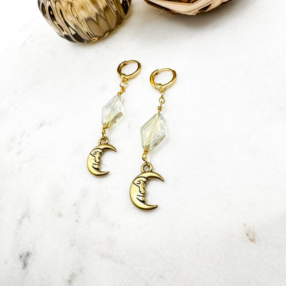 Dancing in the Moonlight - Glass Bead & Crescent Moon Huggie Earrings (Aurora Gold)