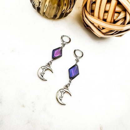 Dancing in the Moonlight - Glass Bead & Crescent Moon Huggie Earrings (Purple Silver)