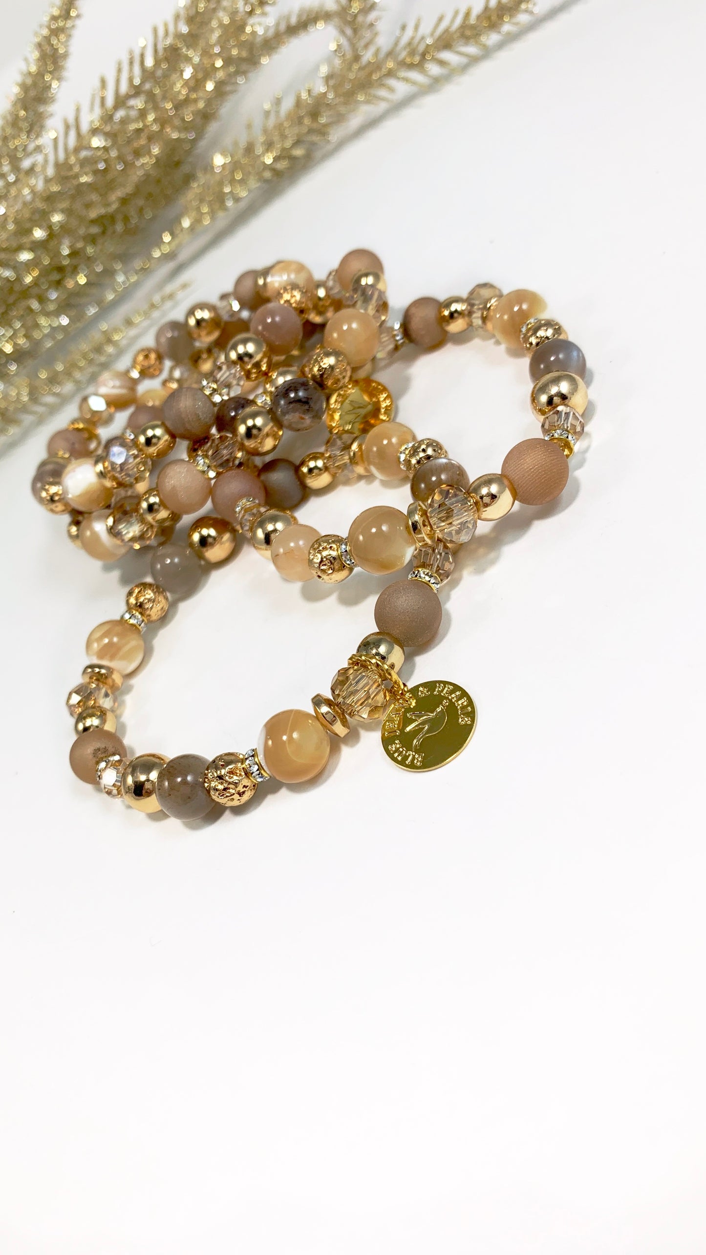 Moonstone, Mother of Pearl & Champagne Druzy Bracelet (8mm)