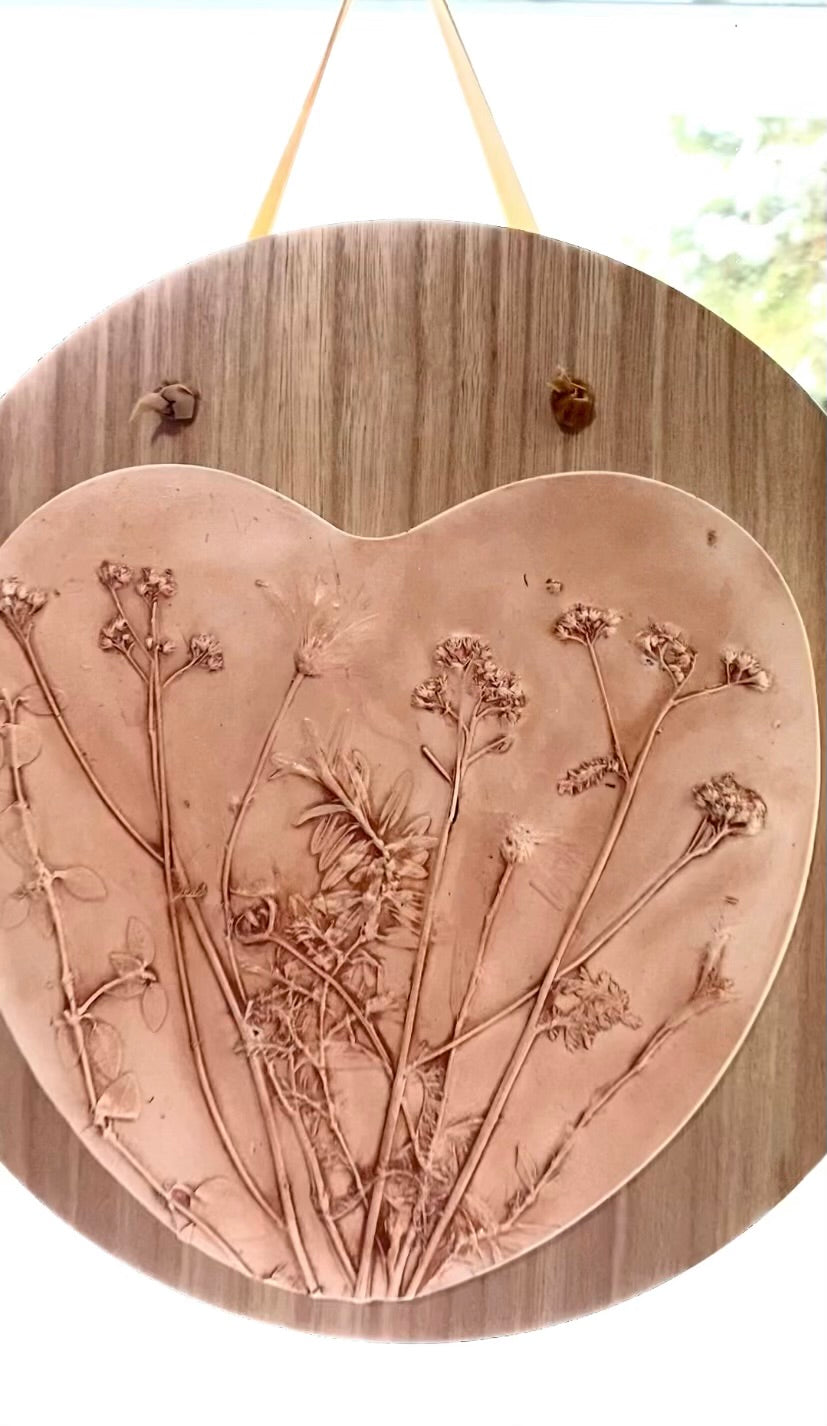 Heart-Shaped Botanical Plaster Cast Mounted on Wood