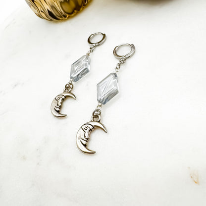 Dancing in the Moonlight - Glass Bead & Crescent Moon Huggie Earrings (Crystal Clear Silver)