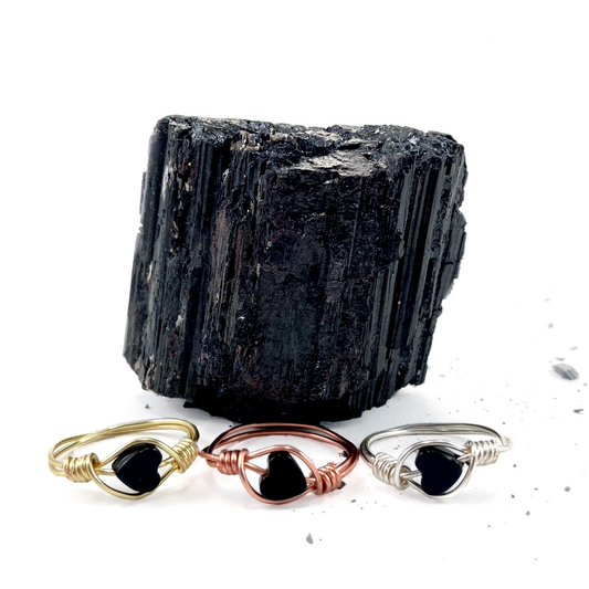 Black heart shaped obsidian rings featuring wire filled plated wire in gold rose gold or silver - hand wrapped