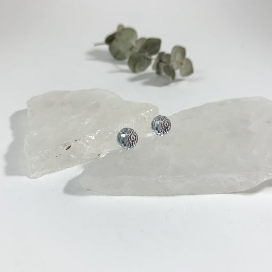 Crystal Clear disco stud earrings with 8mm faceted clear Austrian crystal on raw white crystal slabs with eucalyptus, classic sparkly stud earrings for sensitive ears by Blue Jeans and Pearls Saskatchewan