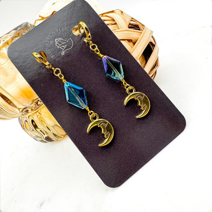 Dancing in the Moonlight - Glass Bead & Crescent Moon Huggie Earrings (Bluetone Gold)