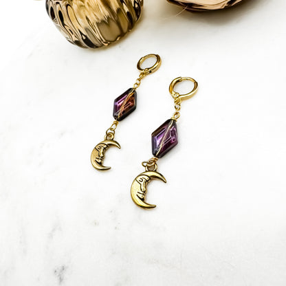 Dancing in the Moonlight - Glass Bead & Crescent Moon Huggie Earrings (Purple Gold)