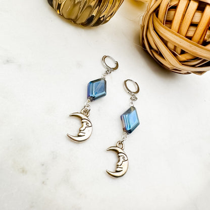 Dancing in the Moonlight - Glass Bead & Crescent Moon Huggie Earrings (Bluetone Silver)