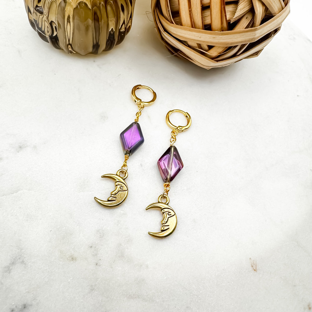 Dancing in the Moonlight - Glass Bead & Crescent Moon Huggie Earrings (Two-Tone Purple Gold)
