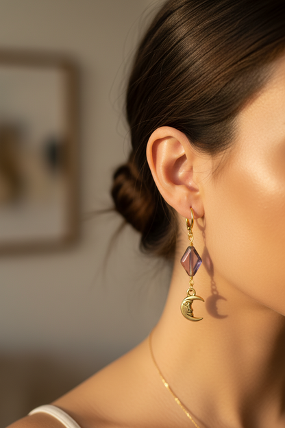 Dancing in the Moonlight - Glass Bead & Crescent Moon Huggie Earrings (Two-Tone Purple Gold)