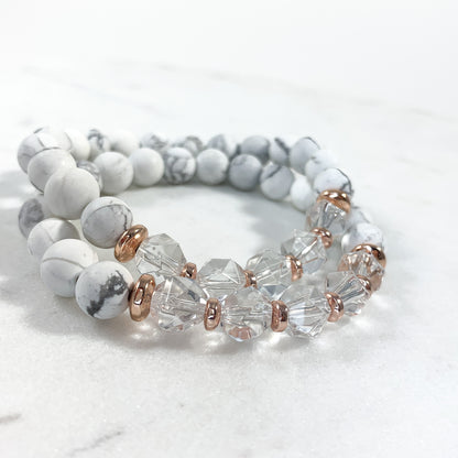 Howlite & Starcut Clear Quartz Bracelet (8mm - Rose Gold)