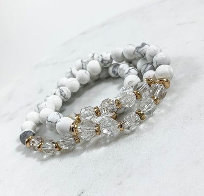Howlite & Starcut Clear Quartz Bracelet (8mm - Gold)