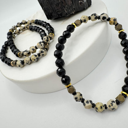 Grounded in Gold | Dalmatian Jasper, Black Onyx & Hematite Bracelet | Protection, Joy & Confidence