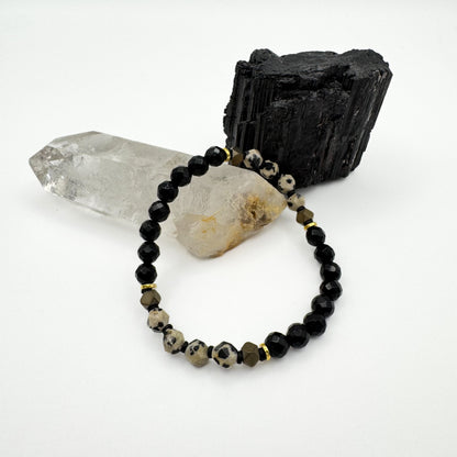 Grounded in Gold | Dalmatian Jasper, Black Onyx & Hematite Bracelet | Protection, Joy & Confidence