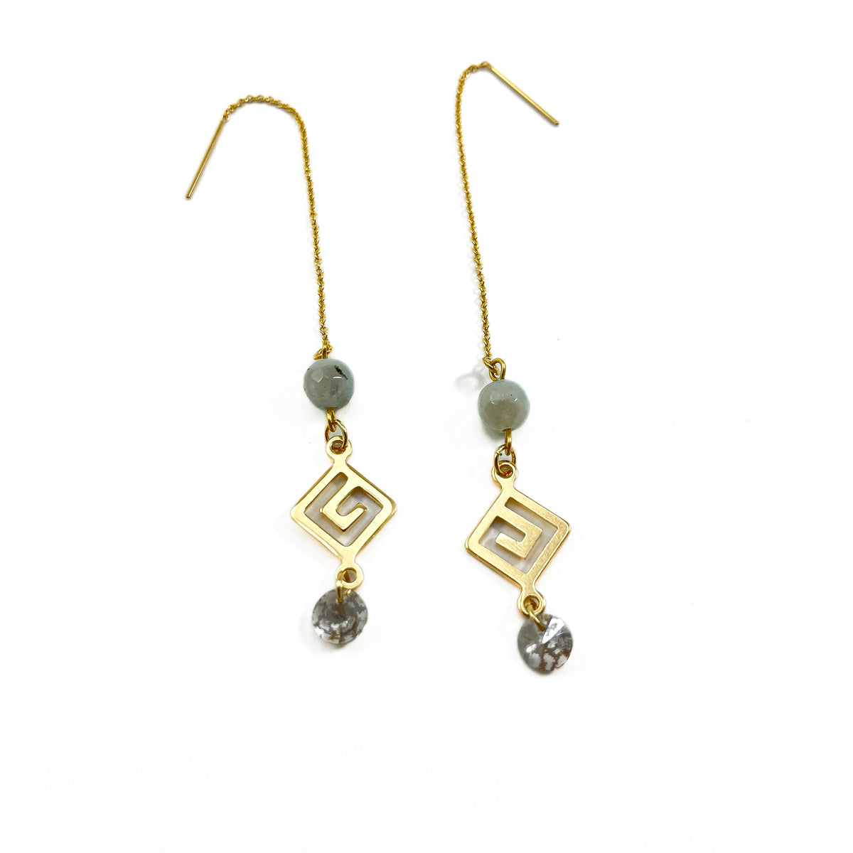Lotus Jasper and Crystal 14kt gold threader earrings with sage green lotus jasper beads, gold geometric spiral charms and charcoal faceted Austrian crystal drops on white background, handmade gemstone earrings by Blue Jeans and Pearls Saskatchewan
