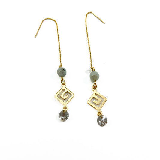 Lotus Jasper and Crystal 14kt gold threader earrings with sage green lotus jasper beads, gold geometric spiral charms and charcoal faceted Austrian crystal drops on white background, handmade gemstone earrings by Blue Jeans and Pearls Saskatchewan
