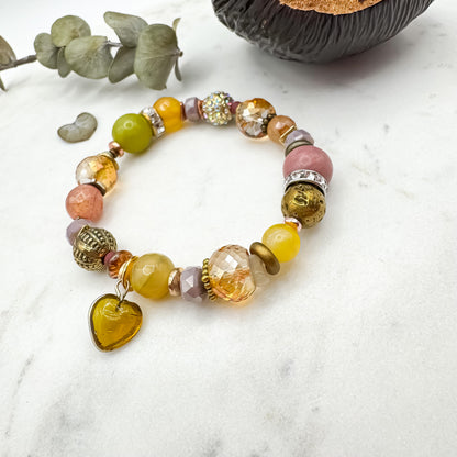 Prairie Sunsets Lime and Lilac Skies handmade serpentine, prehnite and rhodochrosite bracelet with amber glass heart charm and Austrian crystal beads on marble with eucalyptus, one of a kind gemstone jewelry by Blue Jeans and Pearls Saskatchewan