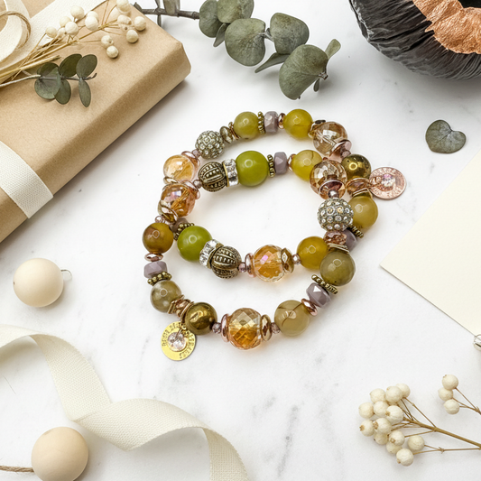 Prairie Sunsets Lime and Lilac Skies handmade serpentine, fire agate and geode druzy bracelet pair with gold Blue Jeans and Pearls charm styled as gift on marble with eucalyptus, unique Canadian handmade gemstone gift jewelry Saskatchewan