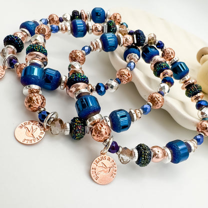 Silver Horizon handmade electroplated hematite, Czech glass and crystal bracelet triple stack with Blue Jeans and Pearls rose gold charms, bold stackable prairie inspired jewelry Saskatchewan