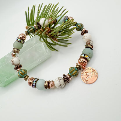 Soft Horizons one of a kind handmade amazonite and howlite bracelet with teal Czech glass beads, copper accents and rose gold charm, intentional gemstone jewelry by Blue Jeans and Pearls Saskatchewan