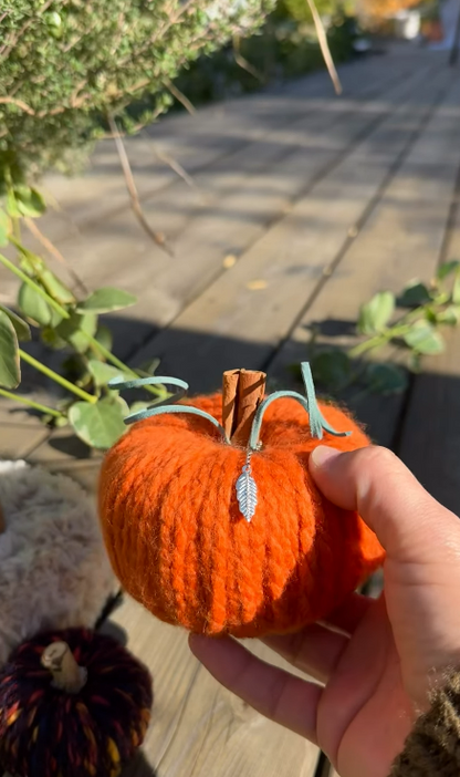 Hand holding a bright orange handmade yarn pumpkin with a cinnamon stick stem, curly green tendrils and a silver leaf charm on a sunny wooden deck, made at the DIY yarn pumpkin workshop by Blue Jeans and Pearls