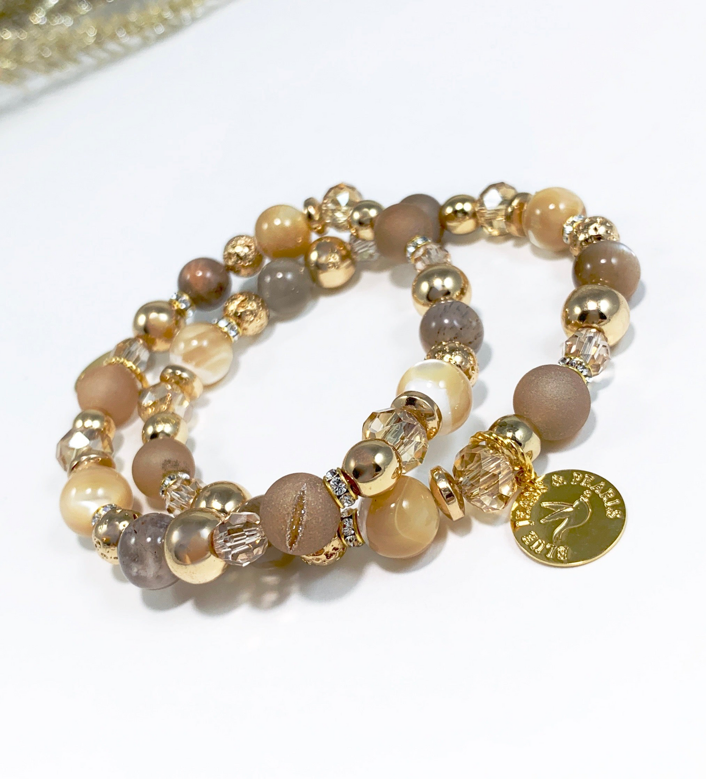 Moonstone, Mother of Pearl & Champagne Druzy Bracelet (8mm)
