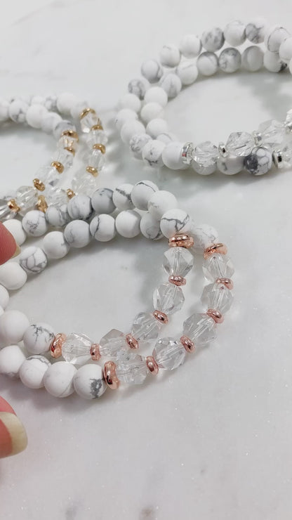 Howlite & Starcut Clear Quartz Bracelet (8mm - Rose Gold)