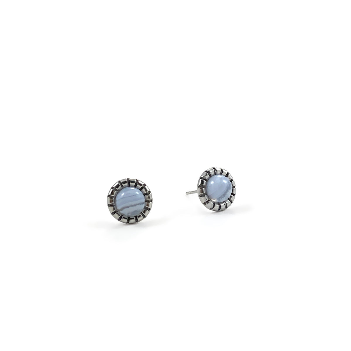 Blue Lace Agate stud earrings with 6mm pale blue banded agate cabochons in scalloped stainless steel bezel settings on white background, calming gemstone stud earrings for sensitive ears by Blue Jeans and Pearls Saskatchewan
