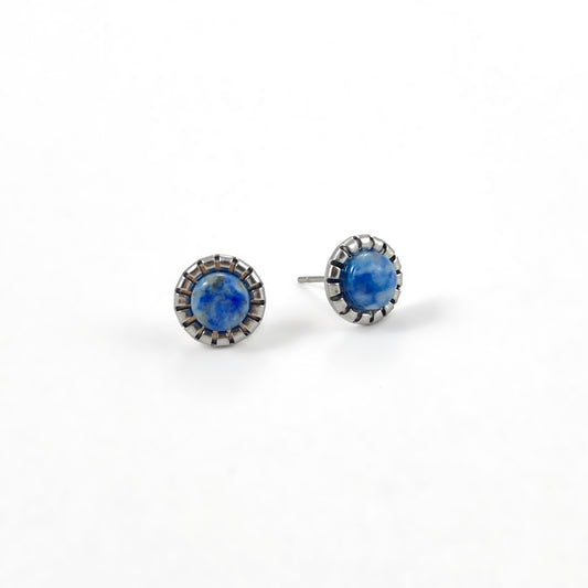 Denim Lapis Lazuli stud earrings with 6mm mottled blue and white lapis lazuli cabochons in scalloped silver-tone crown settings on stainless steel posts, 9mm blue gemstone studs by Blue Jeans and Pearls Saskatchewan